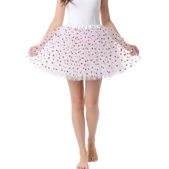 XIAOCHA women Heart Print Tulle Tutu Skirt Elastic Waist Layered Mesh Skirt Costume Party Valentine's Day Wear Skirt