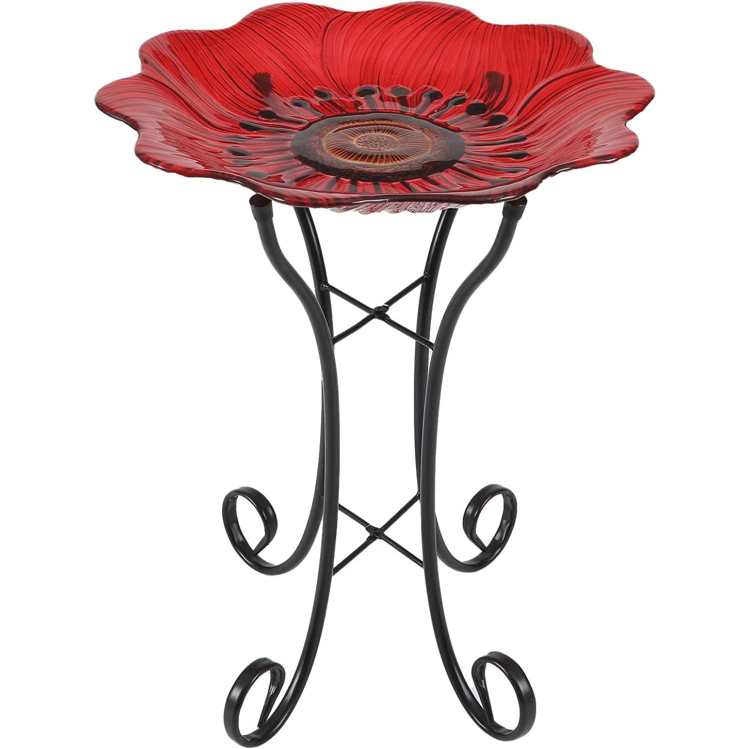 XIAODA Red Pansy Bird Bath, Glass Bird Bath Basin with Metal Stand