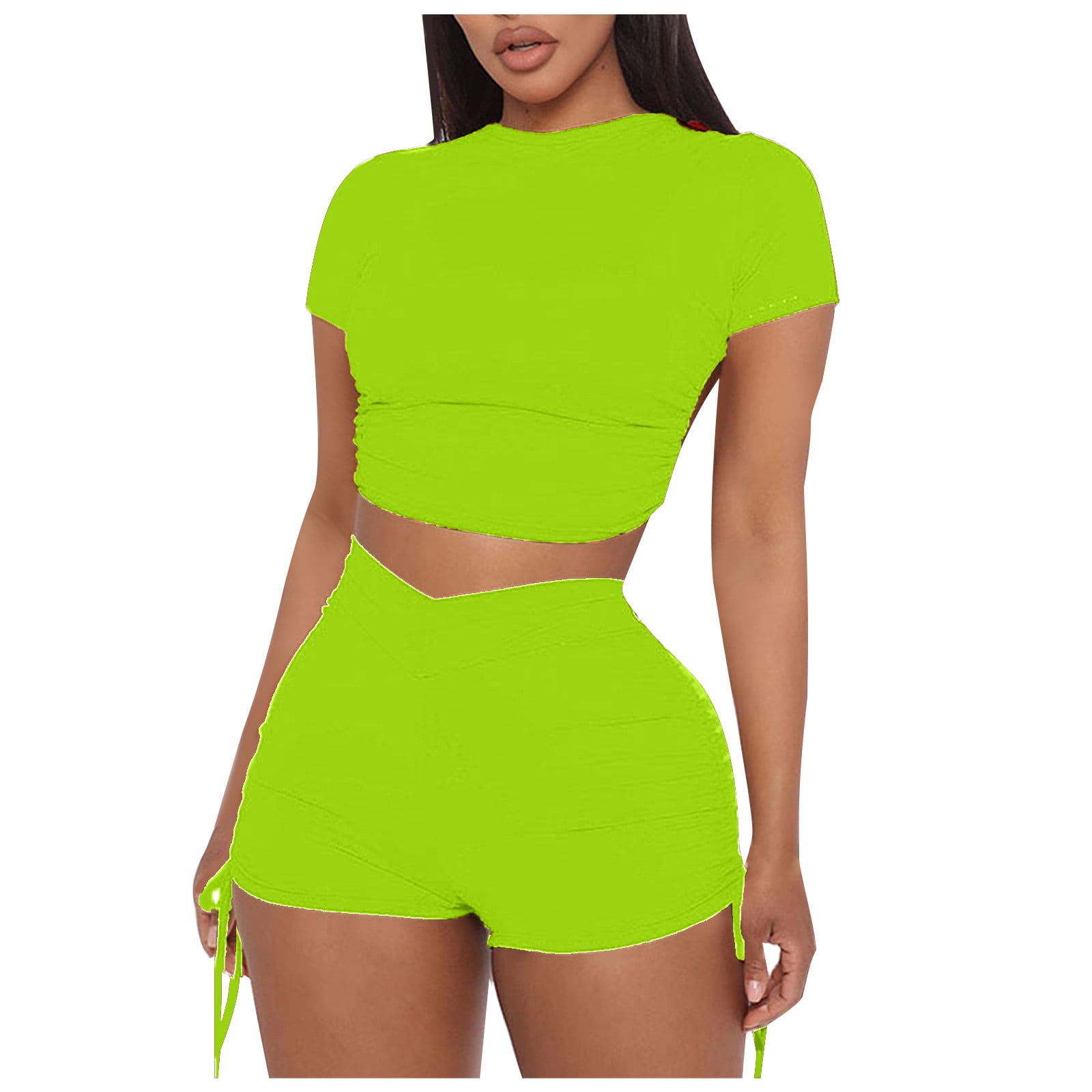 XIAOFFENN 2 Piece Outfits For Women Festival Outfits For Women Women’S  Casual Fashion Solid Color Short Sleeve Top High Waist Straight Leg Pants