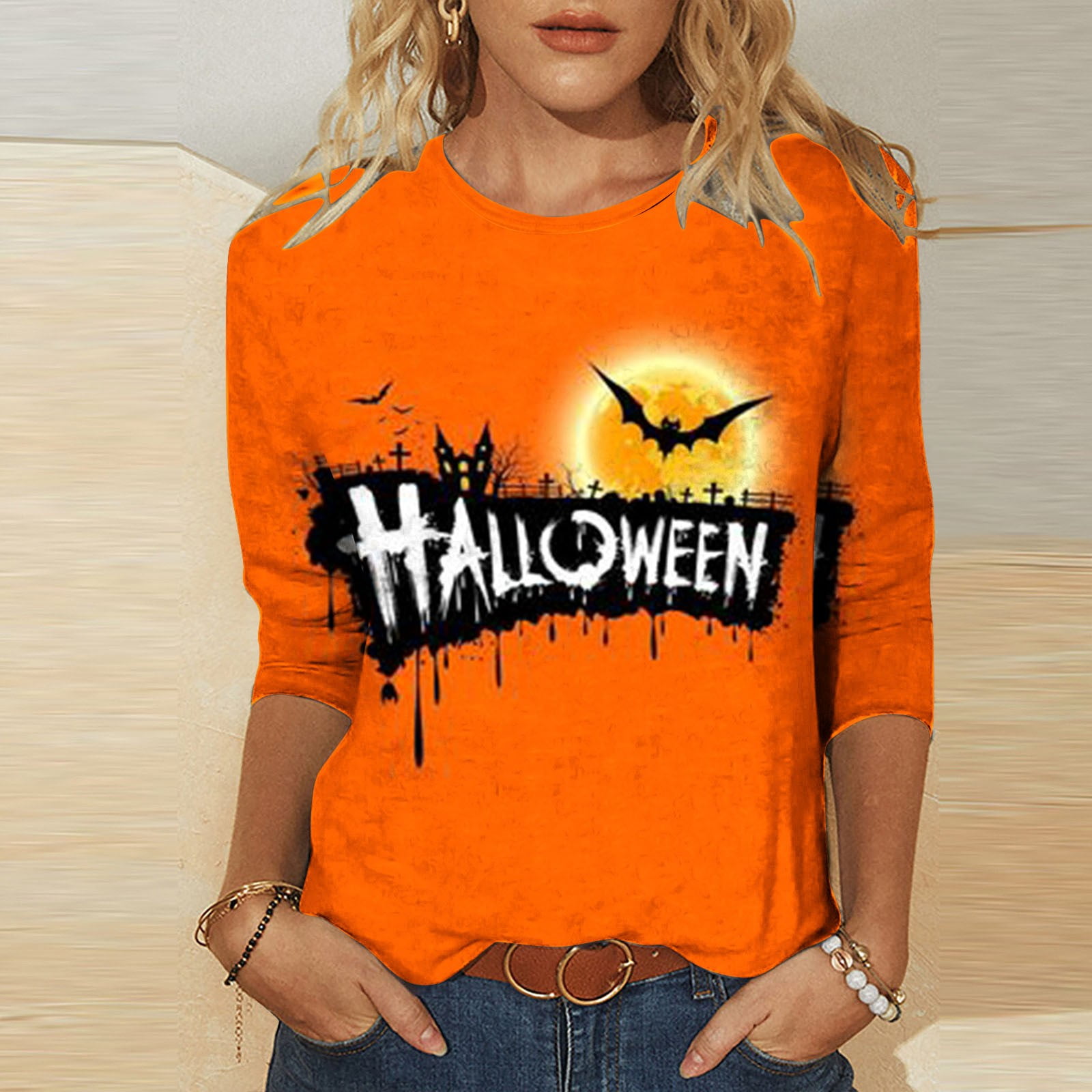 XIAOFFENN Halloween Long Sleeve Shirts For Women,Women's Basic 3/4 ...