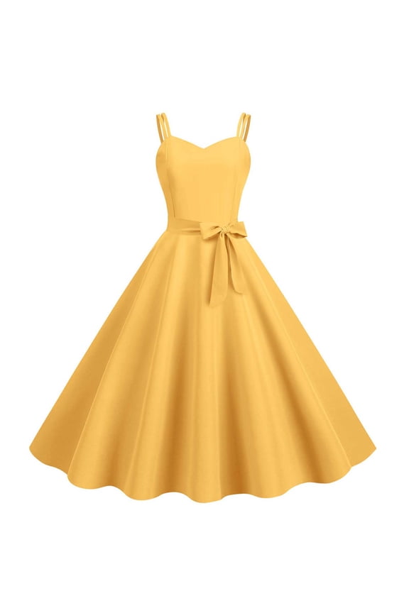 Maxi Dresses For Women, Women's Vintage 1950's Comfy Summer Sleeveless Round-Neck Solid Point Party Dress Rockabilly Swing Prom Party Cocktail Dress Yellow S
