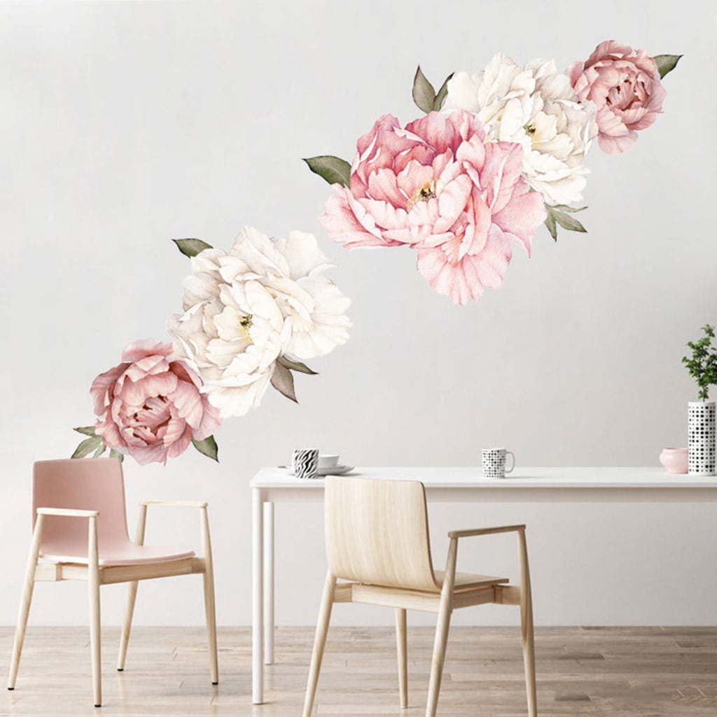 19-PC Watercolor Peony Flower Wall Stickers - Large & Medium Removable Decals For Living Room, Nursery, Bedroom