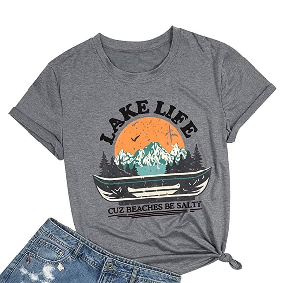 XIAOFFENN Short Sleeve for Women Men Vintage Shirt Funny Fun Letter,Animal For Men Women T-Shirt - 'Lake life cuz beaches be salty' -Alphabet Print