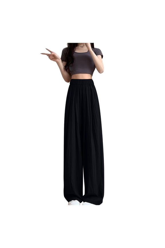 Silk Wide Leg Pants For Women's Summer Thin High Waisted Drape Casual Straight Leg Pants Black 6