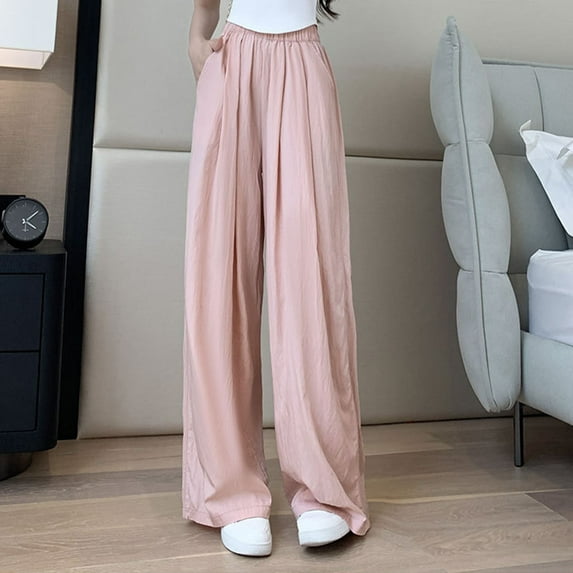 XIAOFFENN Silk Wide Leg Pants For Women's Summer Thin High Waisted Drape Casual Straight Leg Pants Pink 8