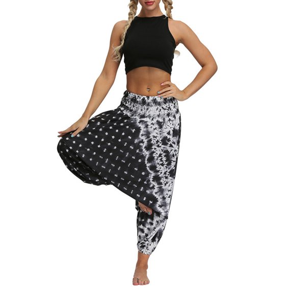 XIAOFFENN Wide Leg Yoga Pants For Women, Womens Baggy Harem Pant Elastic Waist Drop Crotch Pant Lightweight Cotton Casual Wide Leg Beach Yoga Pants Black Free Size