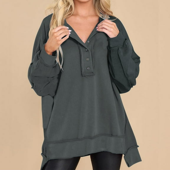 XIAOFFENN Womens Casual Hoodies Pocketed Long Sleeves Thumb Hole Button Pullover Sweatshirts Oversized Hooded Tops