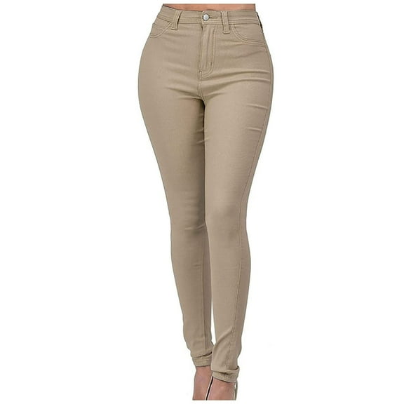 XIAOFFENN Work Pants For Women, Women's Pants Cotton Bottomed Multicolor Slim Fit Temperament Zipper Middle Waist Elastic Pants Khaki X-Large