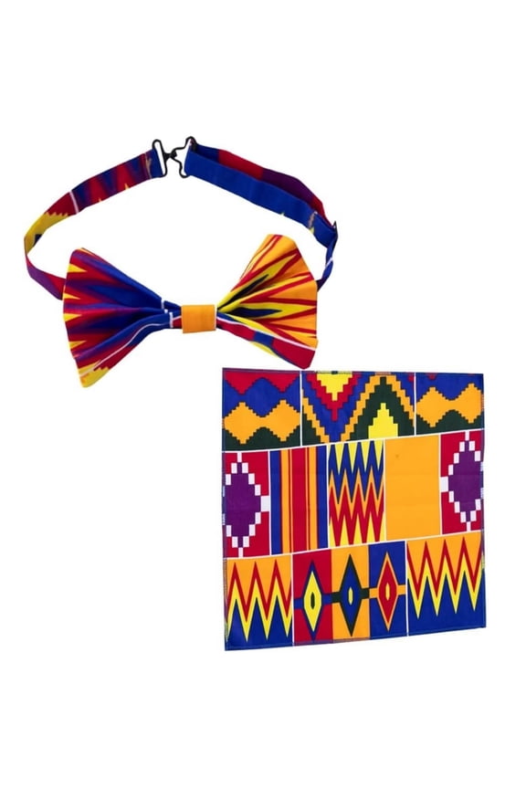 2 Pcs African Kente Bow Tie Pocket Square Kente Print Bow Tie and Squares for Men Black History Month
