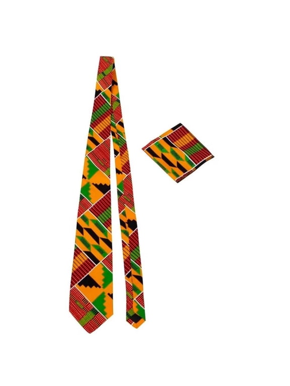 2PC Set African Print Necktie for Men Pocket Square Kente Neck Ties