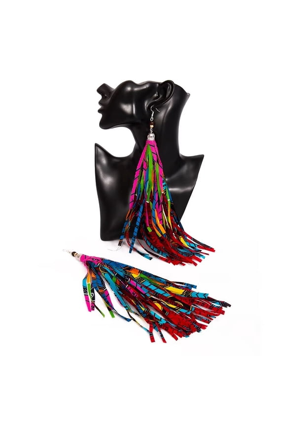 African Fabric Long Tassel Earrings Set for Ankara Fringe Hoop Earrings for Women