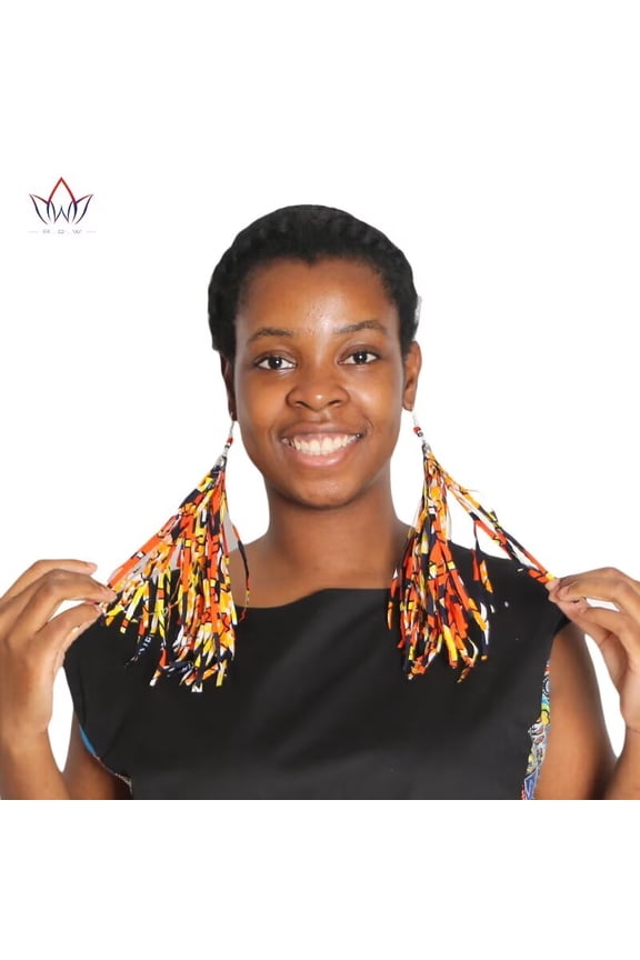 African Fabric Long Tassel Earrings Set for Ankara Fringe Hoop Earrings for Women
