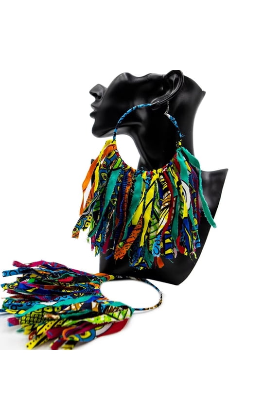 African Fabric Tassel Earrings Set for Ankara Fringe Hoop Earrings for Women