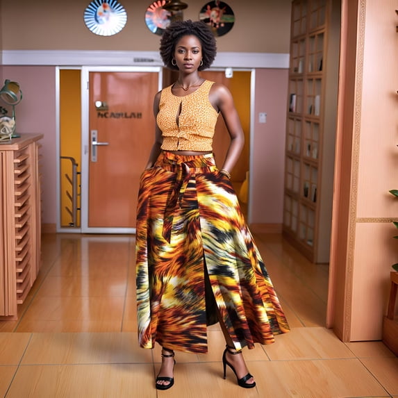 XIAOHUAGUA African Women Skirt with pocket and belt Elastic waist