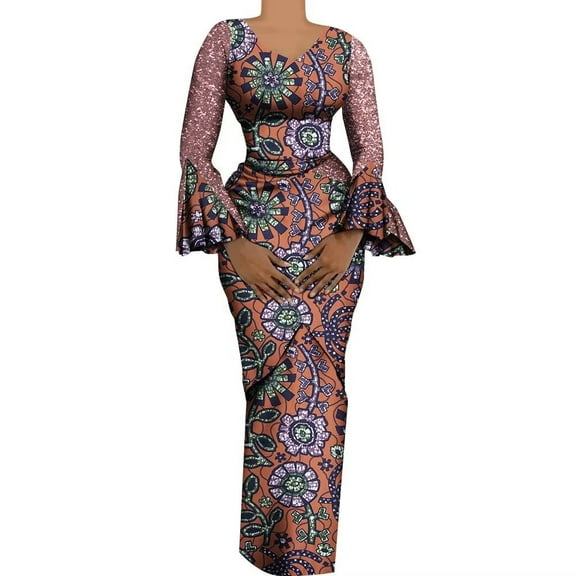XIAOHUAGUA African Women dress Shiny Flare Sleeves V Neck Long Pencil dresses African Clothes for Women