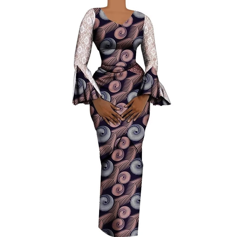african flare dresses Long puff sleeve wrap African Dress with Belt and Pockets By Bazaar Pagne | Long Ankara Dress main image 0