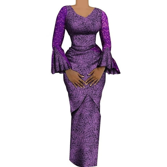 XIAOHUAGUA African Women dress Shiny Flare Sleeves V Neck Long Pencil dresses African Clothes for Women