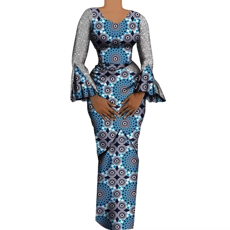 XIAOHUAGUA African Women dress Shiny Flare Sleeves V Neck Long Pencil dresses  African Clothes for Women - Walmart.com