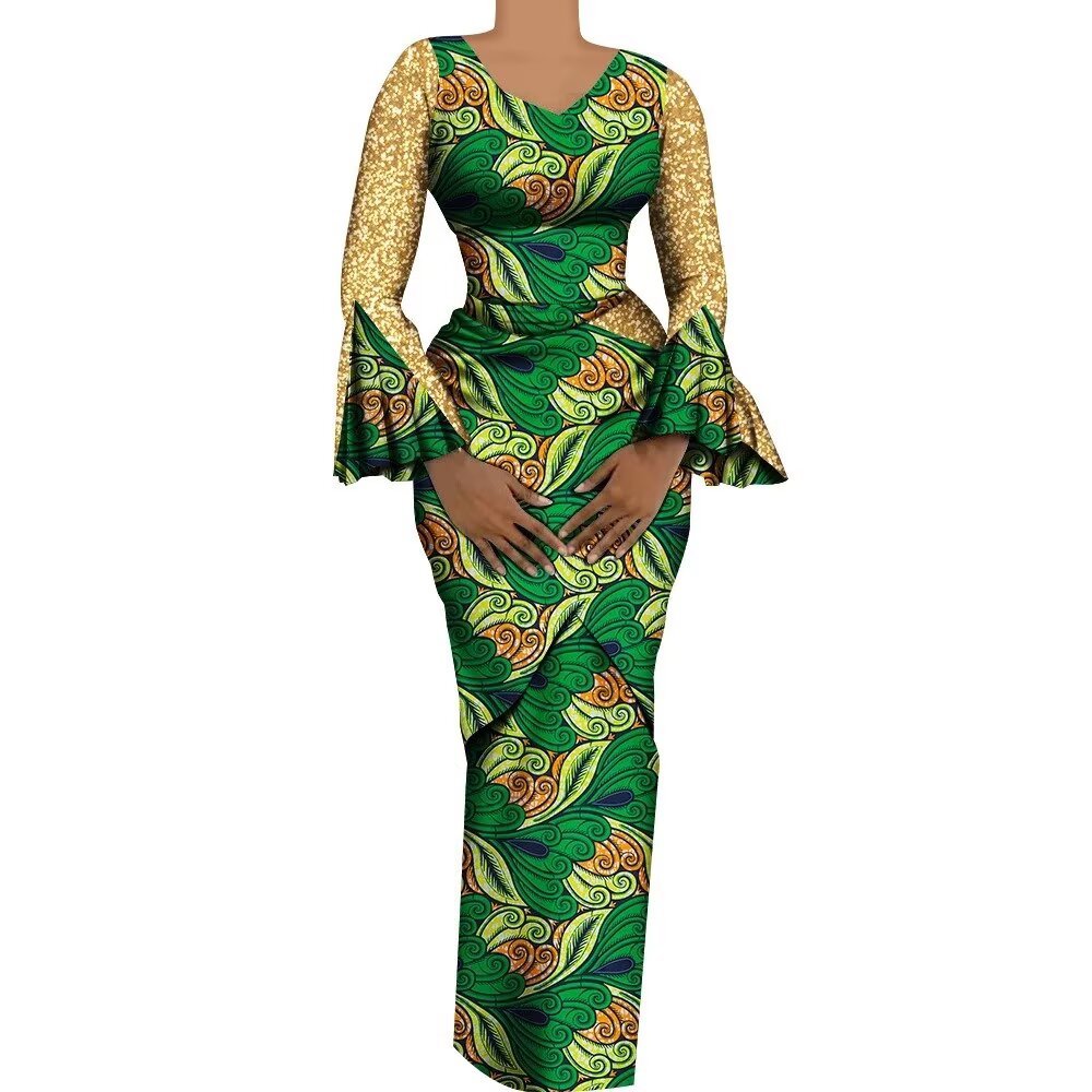 Xiaohuagua African Women Dress Shiny Flare Sleeves V Neck Long Pencil Dresses African Clothes for Women, Women's, Size: Large-USA14