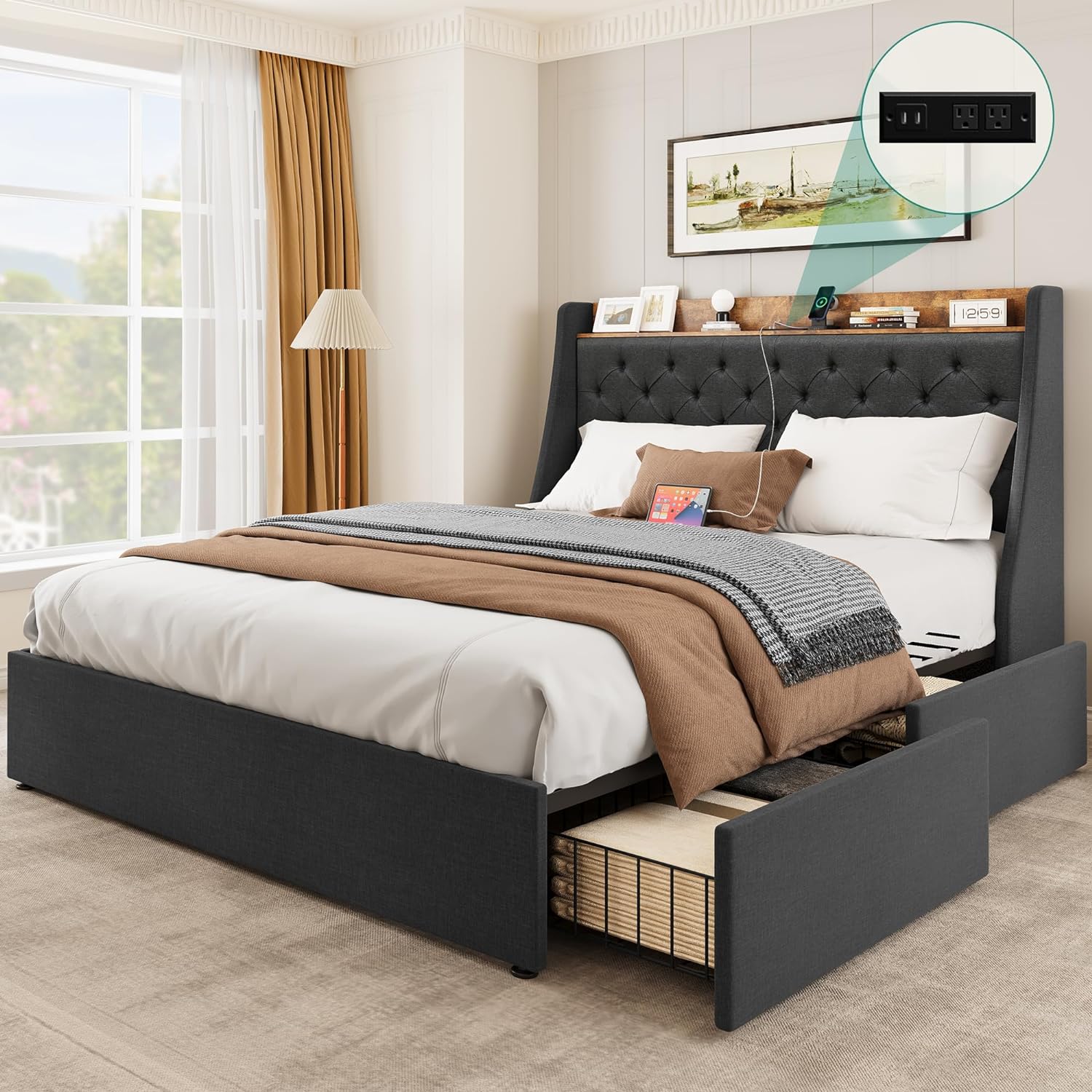 XIAOJIAWU Queen Size Bed Frame with 4 Storage Drawers, Upholstered ...