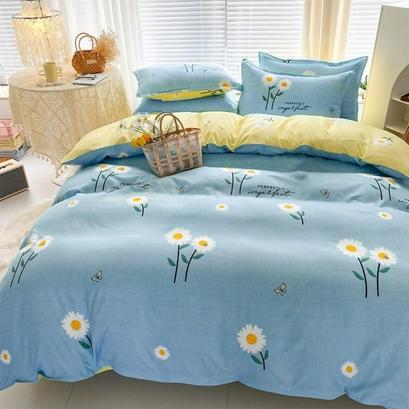 XIAOLE 4 Piece Soft Comforter Set, Student Dormitory Bedding Set, For Girls Boys Kids, Queen Size Sun Flowers Bedding Set, Bed In A Bag With Comforter, Sheets And Pillowcases (Blue )