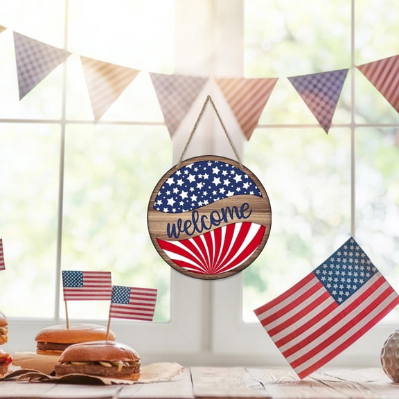 XIAOLE 4th Of July Patriotic Wall Decor Memorial Day Wooden Hanging Sign,Rustic Red White Blue American Stars Door Sign Independence Day Wood Hanging Plaque,For Front Door Porch&Home