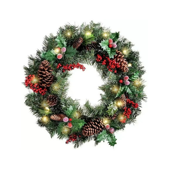 XIAOLE Christmas Wreaths For Front Door, Pre-Lit Artificial Christmas Wreath With Lights, Outdoor Indoors Christmas Wreath, Decorated With Pine Cones, Berry Clusters, Branches, 15.7 Inch