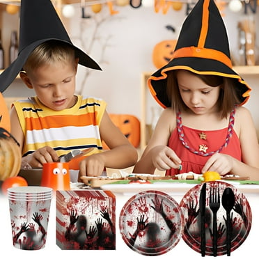 XIAOLE Halloween Party Tableware Set Disposable Scary Party Tablecloth, With 16pcs Scary Hand Prints Disposable Plates, Halloween Theme Party Tableware Set Decorations