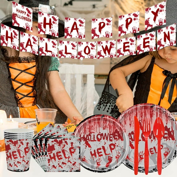 XIAOLE Halloween Party Tableware Set Disposable Scary Party Tablecloth, With 16pcs Scary Hand Prints Disposable Tissue Paper, Halloween Theme Party Tableware Set Decorations