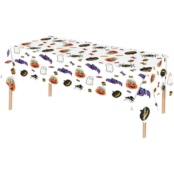 XIAOLE Halloween Tablecloth, 54"x108" Disposable Table Cover, Halloween Pumpkin Bat Ghost Spider Plastic Rectangular Table Cloth, White Table Covers for Table Party Supplies Decor