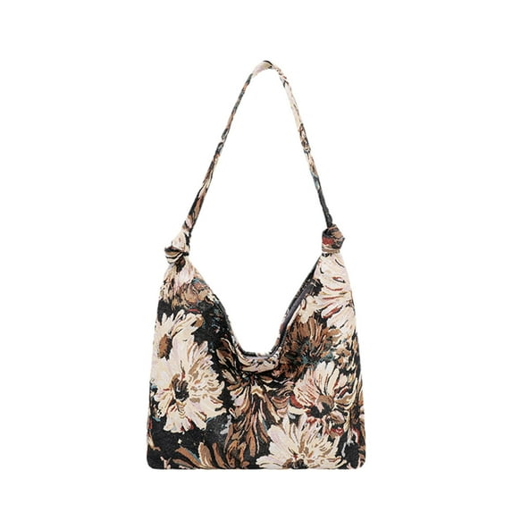 XIAOLE Large Capacity Canvas Hobo Bags for Women & Men, Shoulder Crossbody Bags, Tote Messenger Handbag for Work, Shopping, Travel (Chrysanthemum Print, Black)