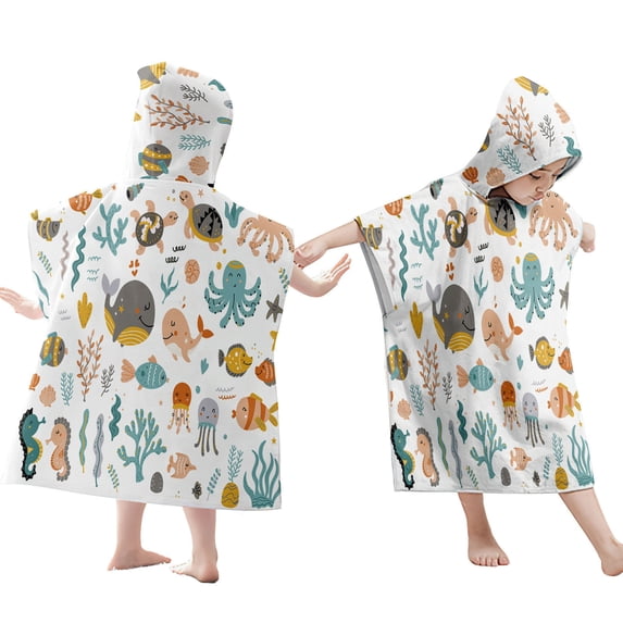 XIAOLE Poncho Towels with Hood, Cartoon Printed Teens Hooded Pool Towel Poncho (8-16Years), Large and Absorbent Cotton, Versatile for Beach, Pool, Swim, and Bath (Marine Biota Collection)