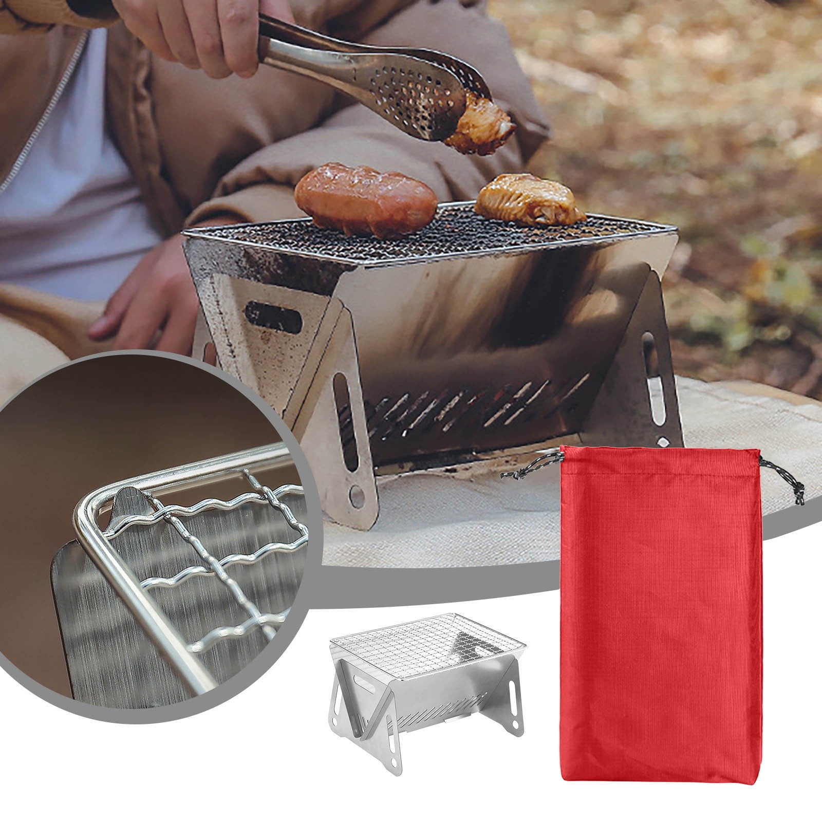 XIAOLE Portable Charcoal Grill,Stainless Steel Folding Grill,With Storage Bag Barbecue Grill,Tabletop Outdoor Smoker Bbq For Picnic Garden Terrace Camping Travel,21x12.5x16cm