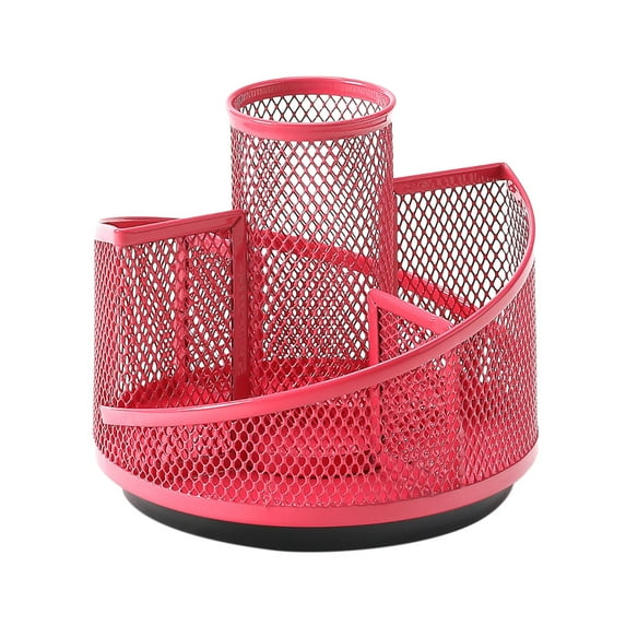 XIAOLE Rotating Pencil Holder for Desk, 360 Degree Rotating Pen Caddy Holders, Desk Organizer with 5 Compartments, Mesh Desktop Stationary Organizer for Home, Office (Red)