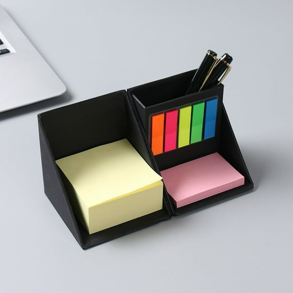XIAOLE Sticky Note Storage Box, Office Supplies Cube Caddy Desk Organizer, Collapsible Caddy Desk Accessories, Foldable Notepad Sticky Notes Box With Pen Holder， Black