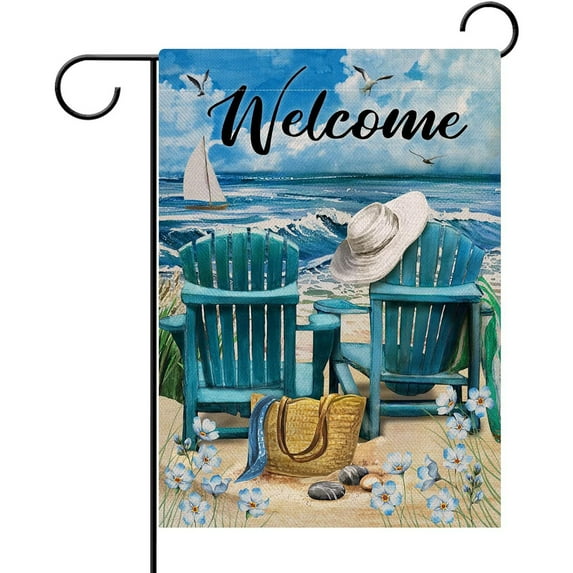XIAOLE Welcome Summer Beach Lounge Chairs Decorative Flag, Seascape Garden Yard Outside Decorations, Seasonal Burlap Outdoor Large Home Decor Double Sided 11.8 x 17.7 Inch