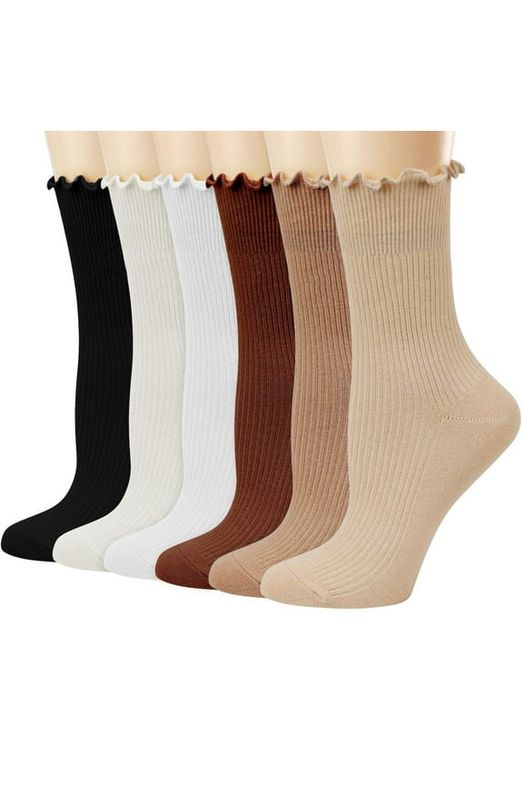 XIAOLE Women'S 6 Pack Breathable Double Needle Ruffle Socks, Casual Cute Ankle Socks Anti Slip Breathable Knit Cotton Soft Frilly Crew Socks , Women'S Solid Color Ruffle Sock, Beige