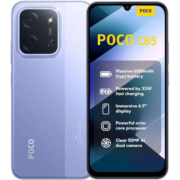 XIAOMI Poco C85 4G LTE Compatible with Tmobile Tello Mint Metro & Global Unlocked Dual SIM 6.9" 50MP Model 25078PC3EG International Version 256GB+8GB, Purple