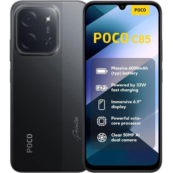 XIAOMI Poco C85 4G LTE (Compatible with Tmobile Tello Mint & Global) (256GB + 8GB) Unlocked Dual SIM 6.9" 50MP Model 25078PC3EG (Black)