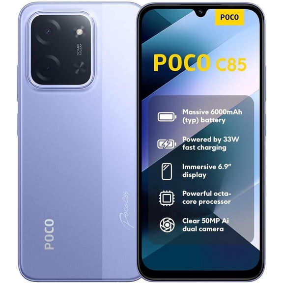 XIAOMI Poco C85 4G LTE (Compatible with Tmobile Tello Mint & Global) (256GB + 8GB) Unlocked Dual SIM 6.9" 50MP Model 25078PC3EG (Purple)