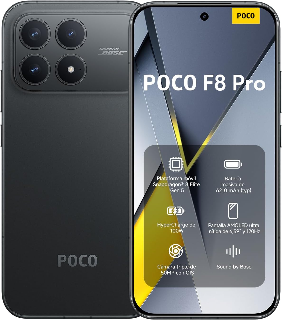 XIAOMI Poco F8 PRO 5G Ai (Compatible con Tmobile Mint Tello y Global) (512GB + 12GB) Ai 2K 6.59" Bose Sound 50MP Teléfono para Gamers NFC Dual SIM Desbloqueado Modelo 2510DPC44G Liberado (Negro)