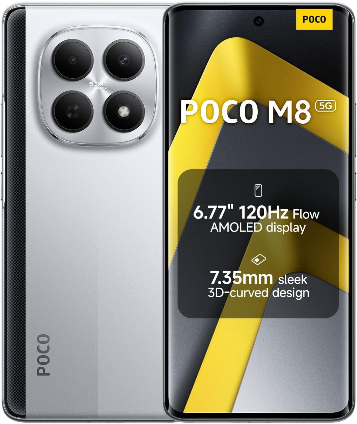 XIAOMI Poco M8 5G Ai (Compatible with Tmobile Mint Tello & Global) (512GB + 8GB) 50MP Dual Camera NFC 6.77" 144Hz Octa Core Unlocked Dual Sim Model 25118PC98G Liberado (Silver)