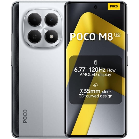 XIAOMI Poco M8 5G Ai (Compatible with Tmobile Mint Tello & Global) (512GB + 8GB) 50MP Dual Camera NFC 6.77" 144Hz Octa Core Unlocked Dual Sim Model 25118PC98G Liberado (Silver)