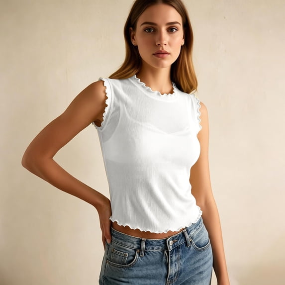 XIAONA Casual Tank Tops For Women Summer Sleeveless Solid Color Crew Neck Racerback Flounce Standard Straps Comfortable Breathable Soft Fashion Sexy Daily Basic Tops For Female,M