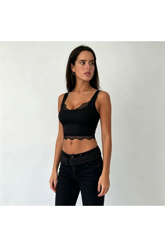 Casual Tank Tops For Women Summer Sleeveless Solid Color Square Neckline Open Back Crop Standard Straps Lace Trim Slim Fit Comfortable Breathable Soft Sexy Daily Basic Tops For Ladies,M