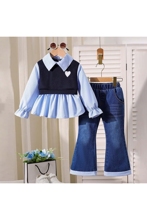 Outfit Sets For Girls Casual Heart Embroidery Patchwork Long Sleeve Lapel Ruffle Hem Tops And Elastic Waist Pockets Denim Flare Pants 2 Piece Set Fashion Daily Outfits For Children,3-4 Years