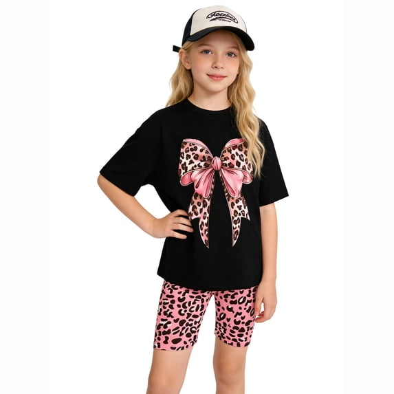 XIAONA Outfit Sets For Girls Casual Summer Fashion Leopard Bowknot Printed Short Sleeve Crew Neck Tee Tops And Shorts 2 Piece Set Cute Comfortable Breathable Outfits For Kids Children,9-10 Years