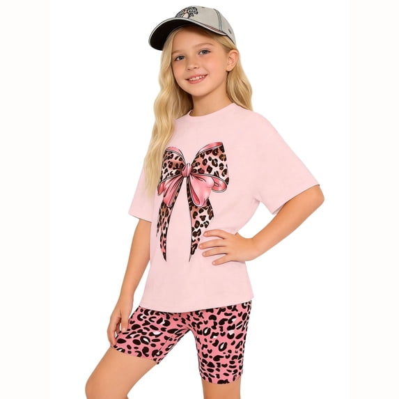 XIAONA Outfit Sets For Girls Summer Casual Fashion Leopard Bowknot Printed Short Sleeve Crew Neck Tee Tops And Shorts 2 Piece Set Cute Comfortable Breathable Outfits For Kids Children,9-10 Years