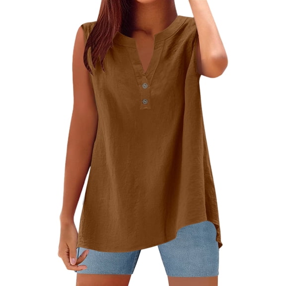 XIAONU 2025 Summer Sleeveless Linen Tank Top Casual Button V Neck Tunic Blouse Women Basic Shirt