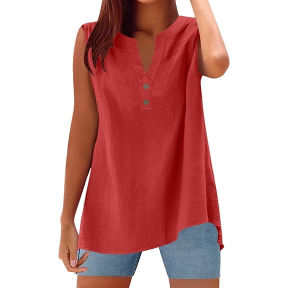 XIAONU 2025 Summer Sleeveless Linen Tank Top Casual Button V Neck Tunic Blouse Women Basic Shirt